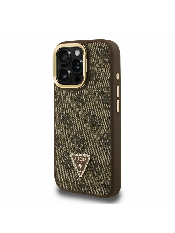 Guess Guess PU 4G Strass háromszög logó állvány kamera keret MagSafe hátlap iPhone 16 Pro Brown