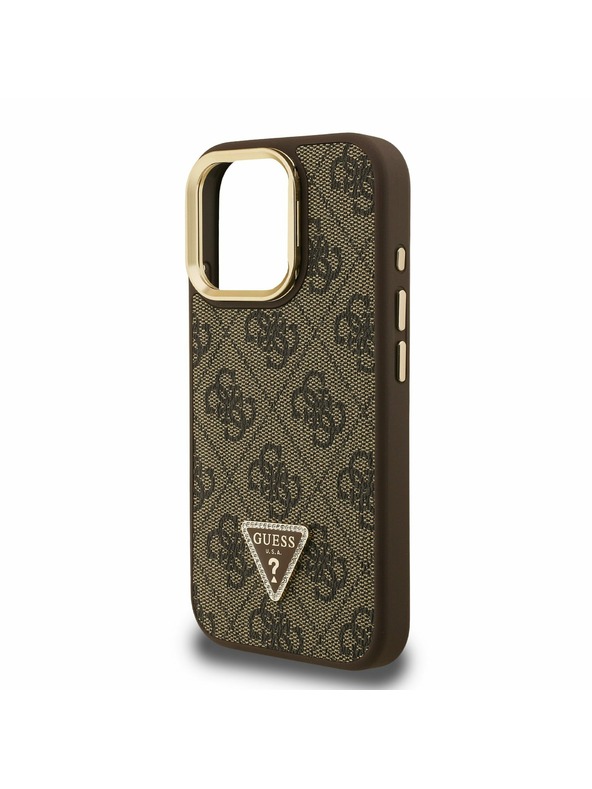 Guess Guess PU 4G Strass háromszög logó állvány kamera keret MagSafe hátlap iPhone 16 Pro Brown