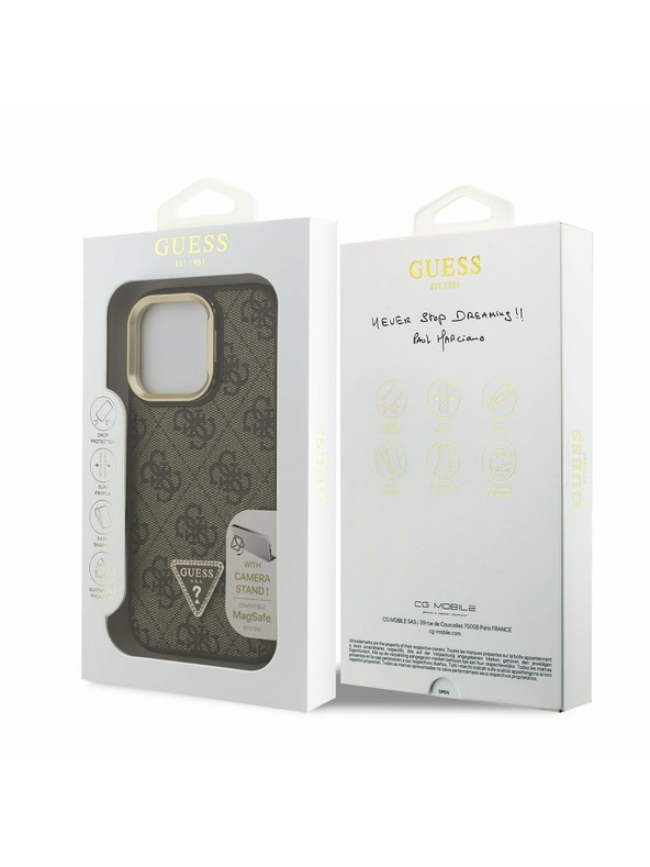 Guess Guess PU 4G Strass háromszög logó állvány kamera keret MagSafe hátlap iPhone 16 Pro Brown