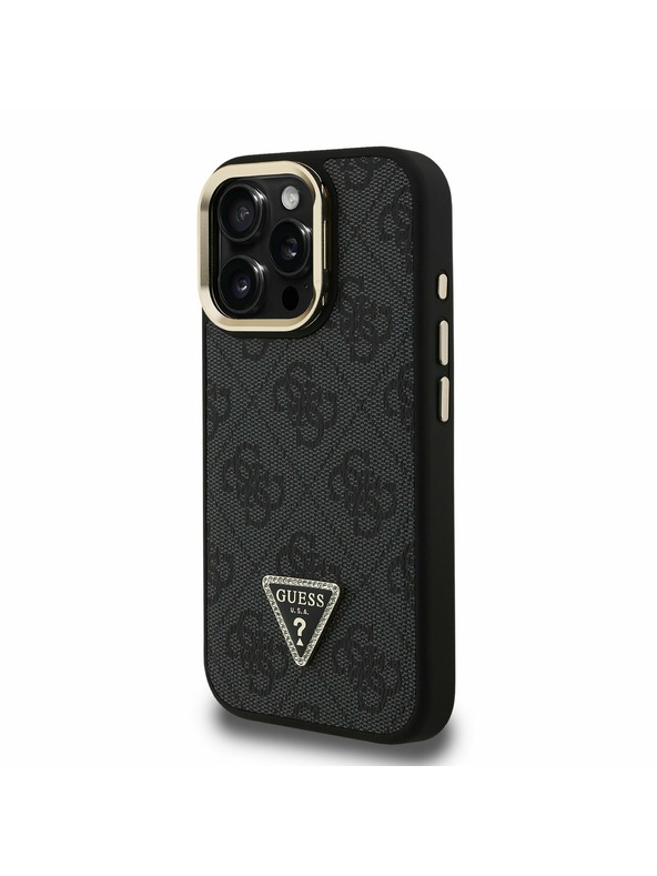 Guess Guess PU 4G Strass háromszög logó állvány kamera keret MagSafe hátlap iPhone 15 Pro Black