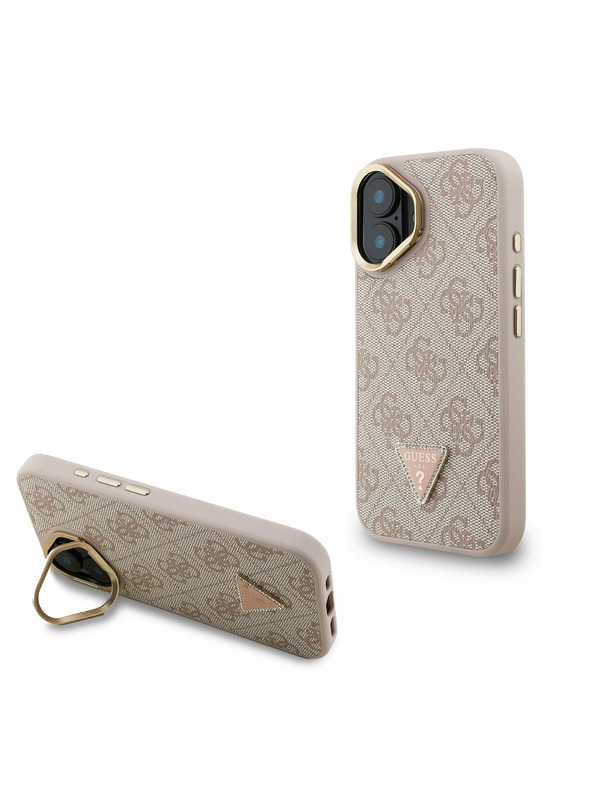 Guess Guess PU 4G Strass háromszög logó állvány kamera keret MagSafe hátlap iPhone 16 Pink