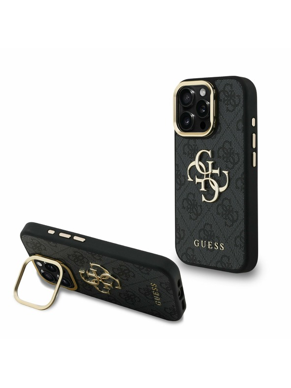 Guess Guess PU 4G Fém Logo Állvány Kamera Keret Hátlap iPhone 15 Pro Max-hoz Fekete