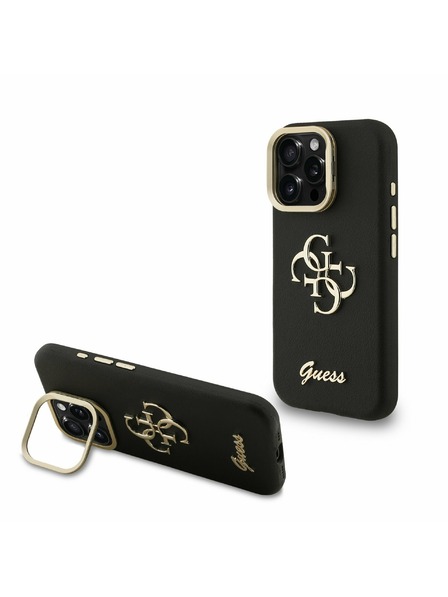 Guess Guess PU Szemcsés 4G Logo Állvány Kamera Keret Hátlap iPhone 16 Pro Max-hoz Fekete
