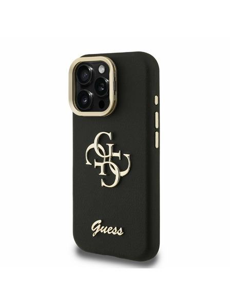 Guess Guess PU Szemcsés 4G Logo Állvány Kamera Keret Hátlap iPhone 16 Pro Max-hoz Fekete