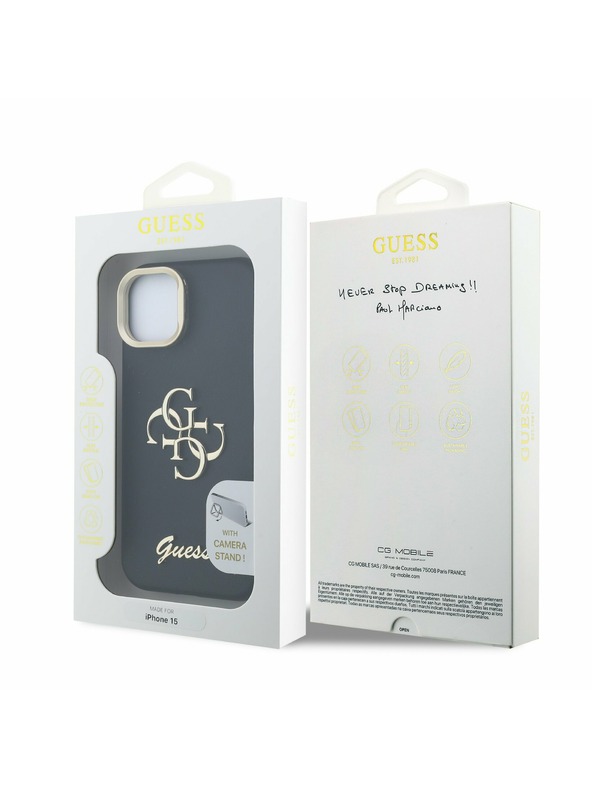 Guess Guess PU Mintás 4G Logó Állvány Kamera Keret Hátlap iPhone 15 Black