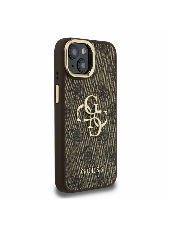 Guess Guess PU 4G Metal Logo Állvány Kamera Keret Hátlap iPhone 15 Barna