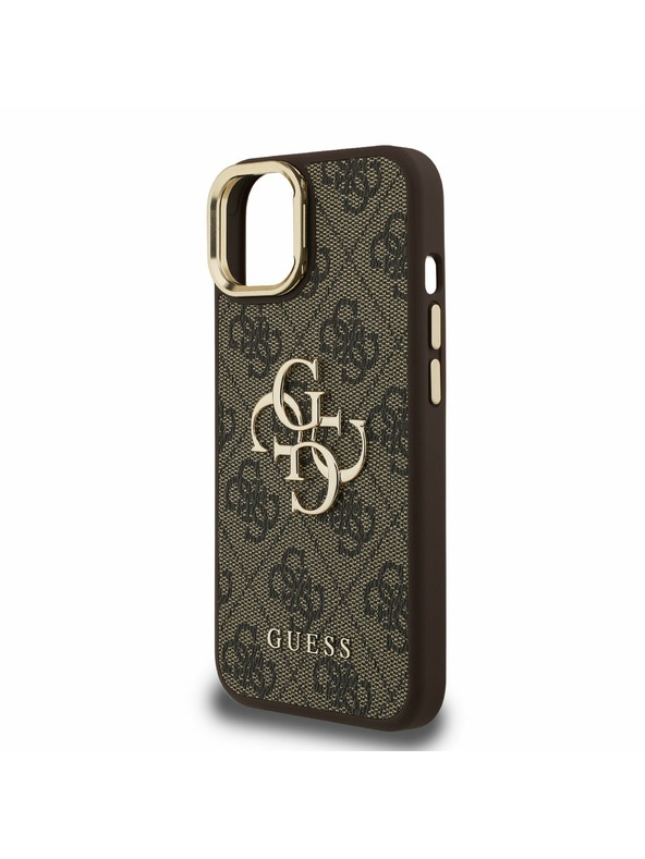 Guess Guess PU 4G Metal Logo Állvány Kamera Keret Hátlap iPhone 15 Barna