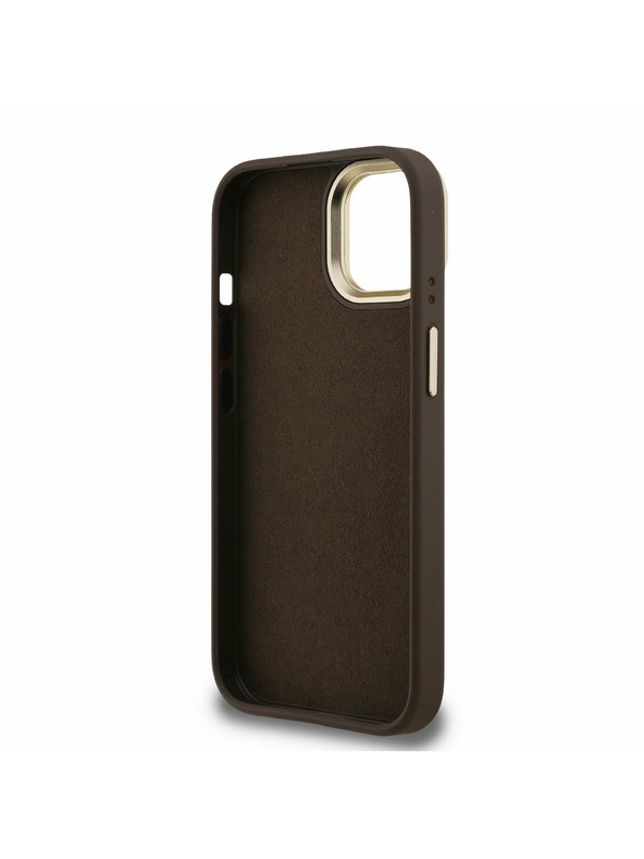 Guess Guess PU 4G Metal Logo Állvány Kamera Keret Hátlap iPhone 15 Barna