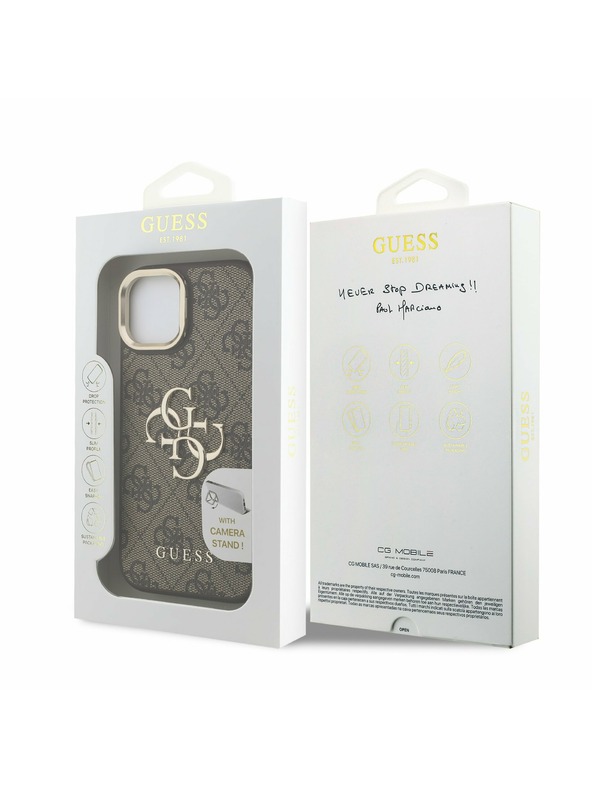Guess Guess PU 4G Metal Logo Állvány Kamera Keret Hátlap iPhone 15 Barna