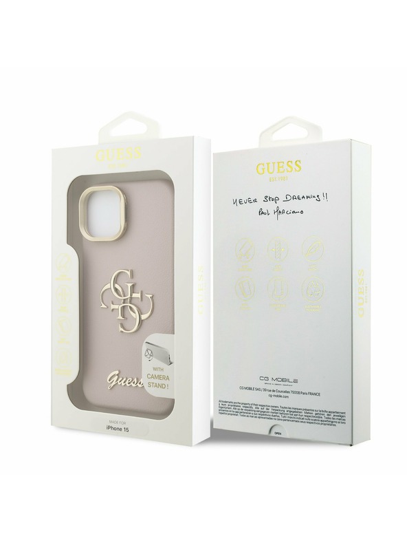 Guess Guess PU Mintás 4G Logó Állvány Kamera Keret Hátlap iPhone 15 Pink