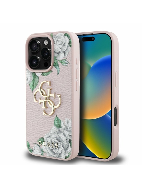 Guess Guess PU Mintás Rózsák 4G Metal Logo Hátlap iPhone 16 Pro Pink