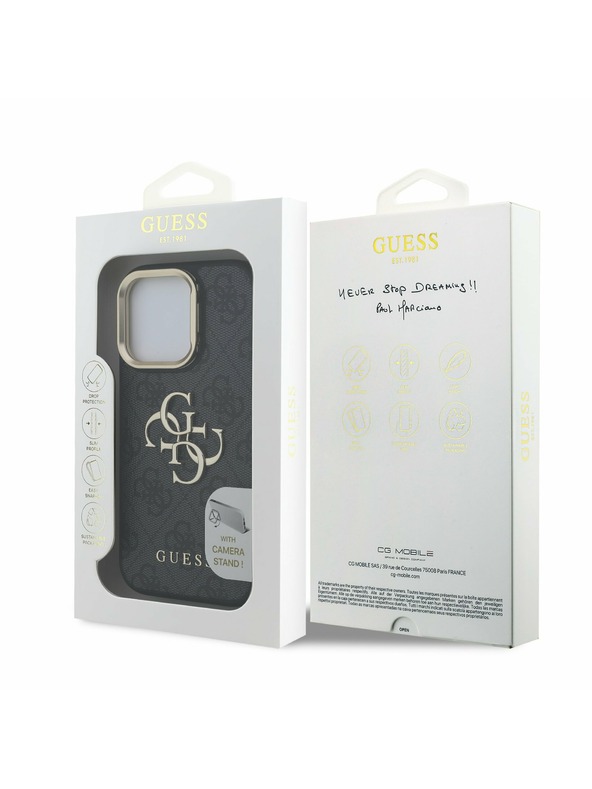 Guess Guess PU 4G Metal Logo Állvány Kamera Keret Hátlap iPhone 16 Pro Max Black