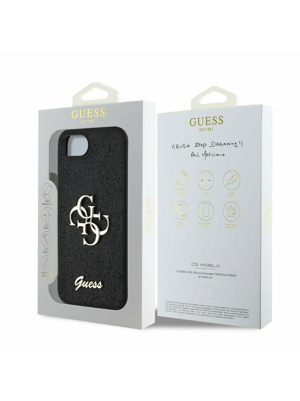 Guess Guess PU Fixed Glitter 4G Metal Logo Hátlap iPhone 16e Black