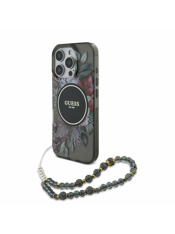 Guess Guess IML Flowers Pearl Strap MagSafe Hátlap iPhone 16 Pro Max Black