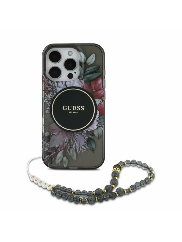 Guess Guess IML Flowers Pearl Strap MagSafe Hátlap iPhone 16 Pro Max Black