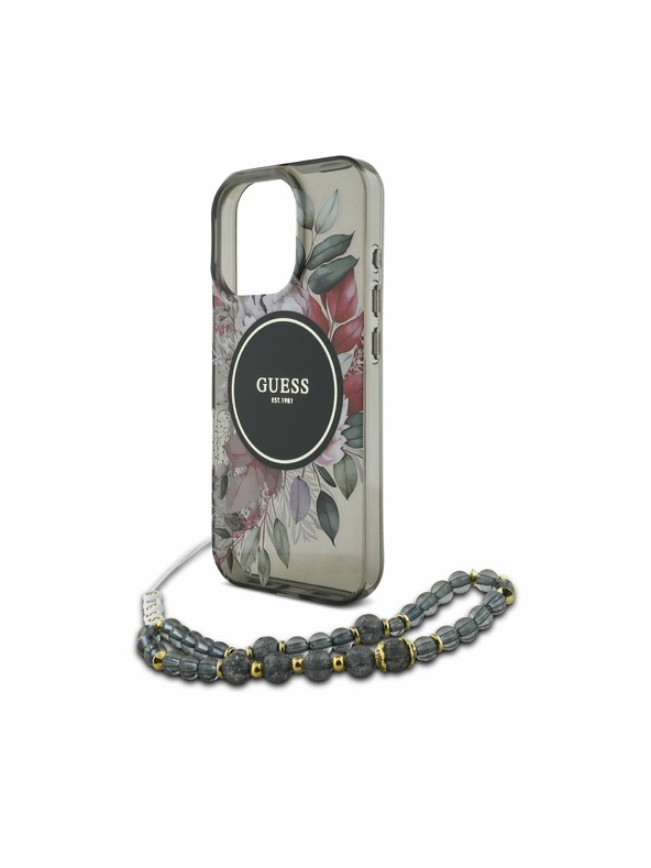 Guess Guess IML Flowers Pearl Strap MagSafe Hátlap iPhone 16 Pro Max Black
