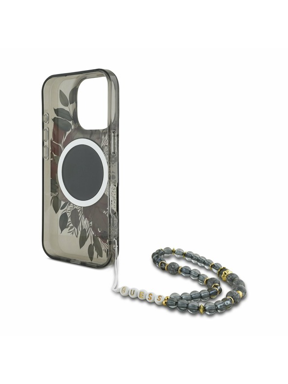 Guess Guess IML Flowers Pearl Strap MagSafe Hátlap iPhone 16 Pro Max Black