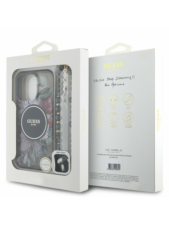 Guess Guess IML Flowers Pearl Strap MagSafe Hátlap iPhone 16 Pro Max Black