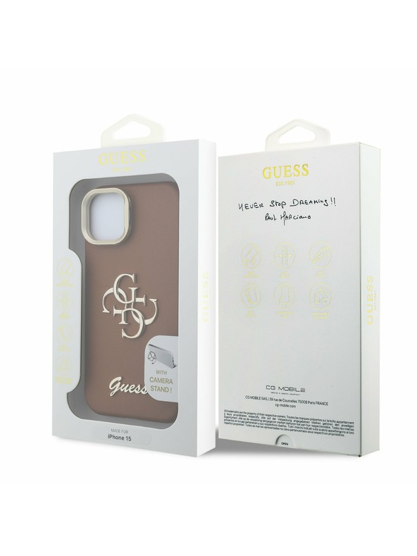 Guess Guess PU Grained 4G Logo Stand Kamera Keret Hátlap iPhone 13-hoz Barna