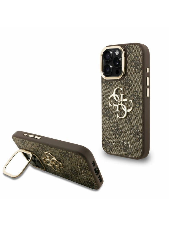 Guess Guess PU 4G Fém Logo Stand Kamera Keret Hátlap iPhone 15 Pro-hoz Barna