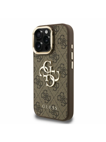 Guess Guess PU 4G Fém Logo Stand Kamera Keret Hátlap iPhone 15 Pro-hoz Barna