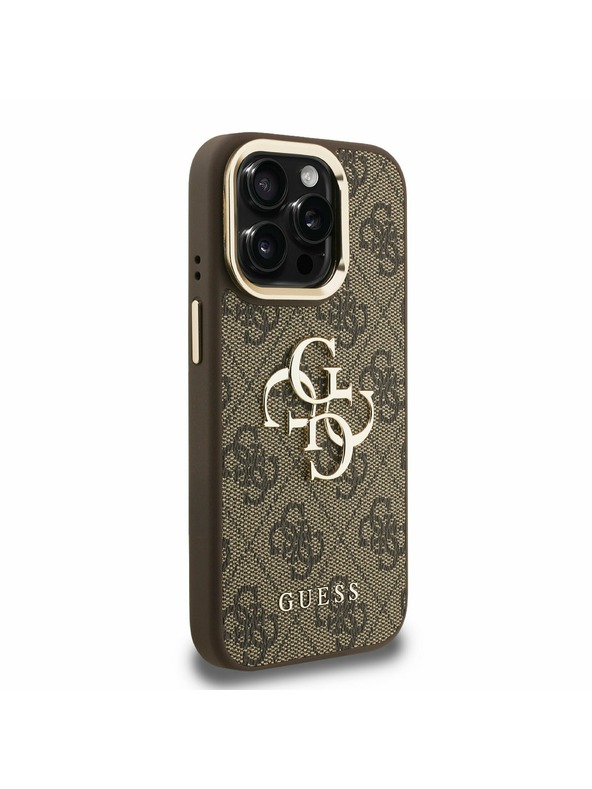 Guess Guess PU 4G Fém Logo Stand Kamera Keret Hátlap iPhone 15 Pro-hoz Barna