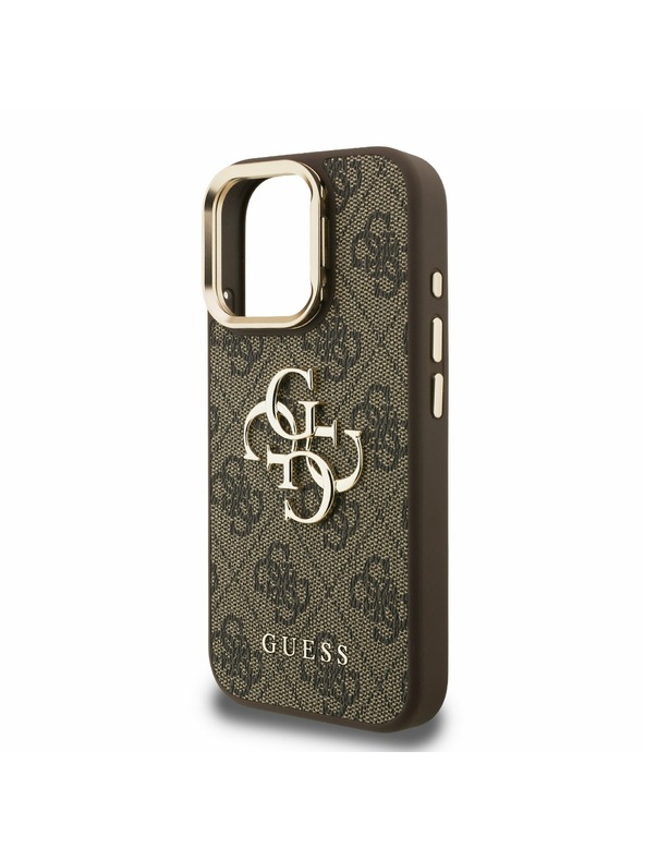 Guess Guess PU 4G Fém Logo Stand Kamera Keret Hátlap iPhone 15 Pro-hoz Barna