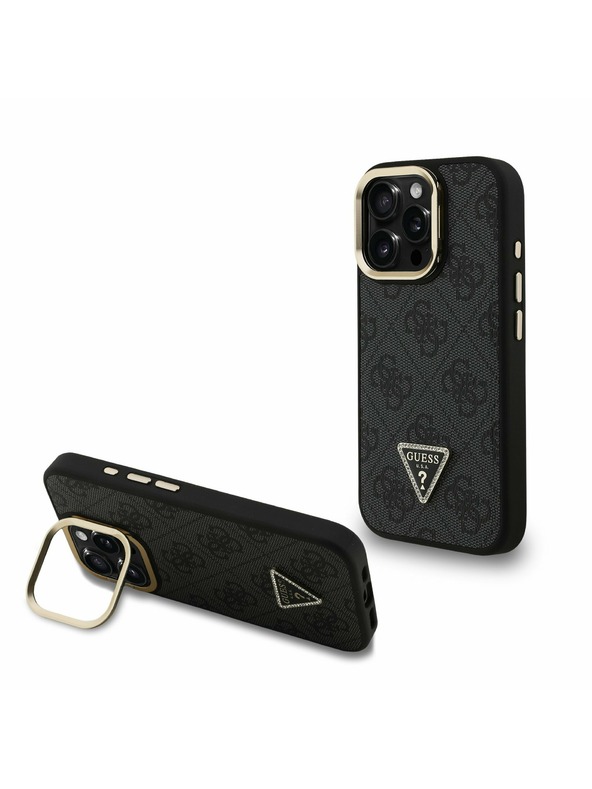 Guess Guess PU 4G Strass Háromszög Logo Stand Kamera Keret MagSafe Hátlap iPhone 15 Pro Max-hoz Fekete