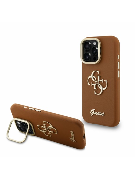 Guess Guess PU Grained 4G Logo Stand Kamera Keret Hátlap iPhone 16 Pro-hoz Barna