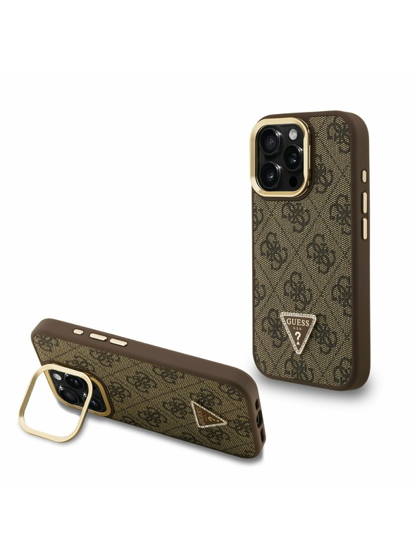 Guess Guess PU 4G Strass Háromszög Logo Stand Kamera Keret MagSafe Hátlap iPhone 15 Pro-hoz Barna