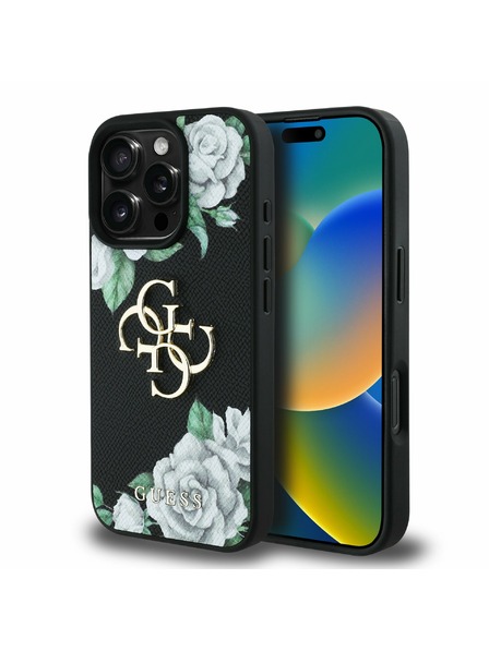 Guess Guess PU Grained Rózsák 4G Fém Logo Hátlap iPhone 16 Pro-hoz Fekete