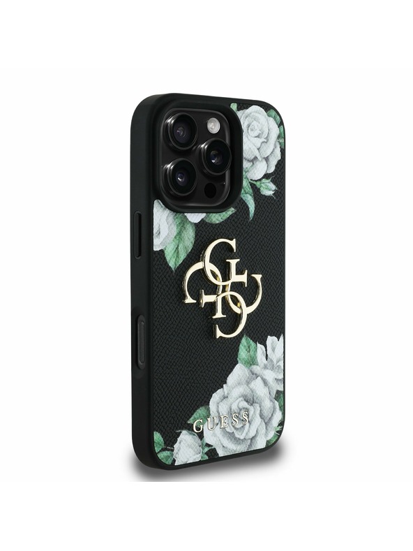 Guess Guess PU Grained Rózsák 4G Fém Logo Hátlap iPhone 16 Pro-hoz Fekete