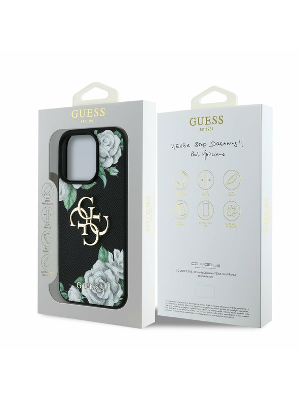 Guess Guess PU Grained Rózsák 4G Fém Logo Hátlap iPhone 16 Pro-hoz Fekete