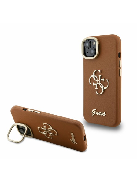 Guess Guess PU Grained 4G Logo Stand Kamera Keret Hátlap iPhone 15-höz Barna