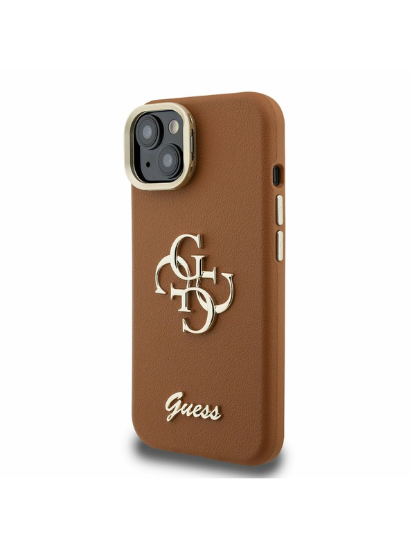 Guess Guess PU Grained 4G Logo Stand Kamera Keret Hátlap iPhone 15-höz Barna