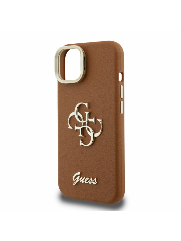Guess Guess PU Grained 4G Logo Stand Kamera Keret Hátlap iPhone 15-höz Barna