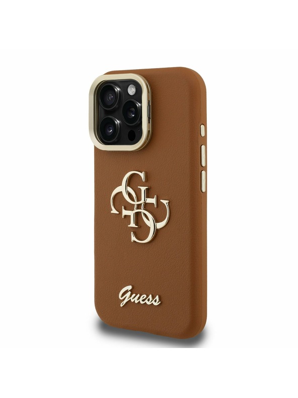 Guess Guess PU Grained 4G Logo Stand Kamera Keret Hátlap iPhone 15 Pro Max-hoz Barna