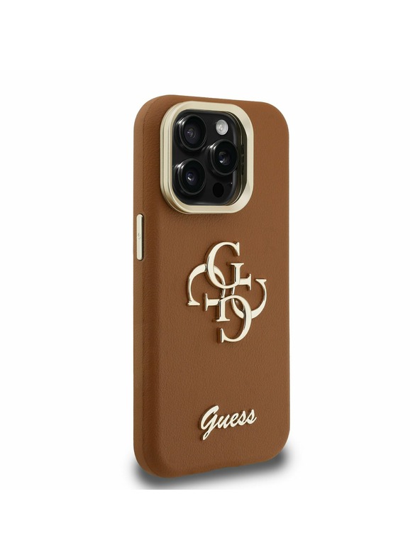Guess Guess PU Grained 4G Logo Stand Kamera Keret Hátlap iPhone 15 Pro Max-hoz Barna