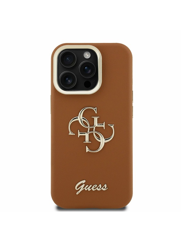 Guess Guess PU Érdes 4G Logo Álló Kamera Keret Hátlap iPhone 15 Pro-hoz Barna