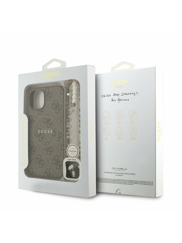 Guess Guess PU Bőr 4G Színes Gyűrű Szíj MagSafe Hátlap iPhone 15-höz Barna