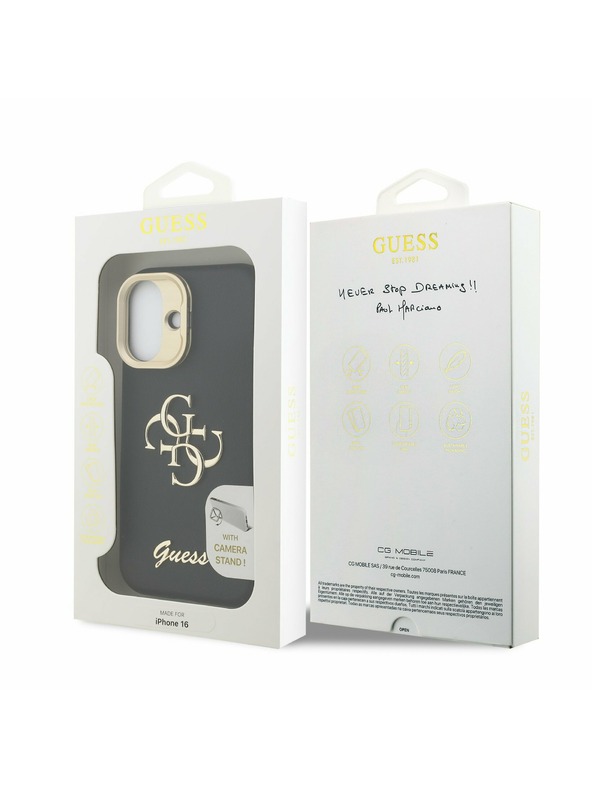 Guess Guess PU Érdes 4G Logo Álló Kamera Keret Hátlap iPhone 16-hoz Fekete