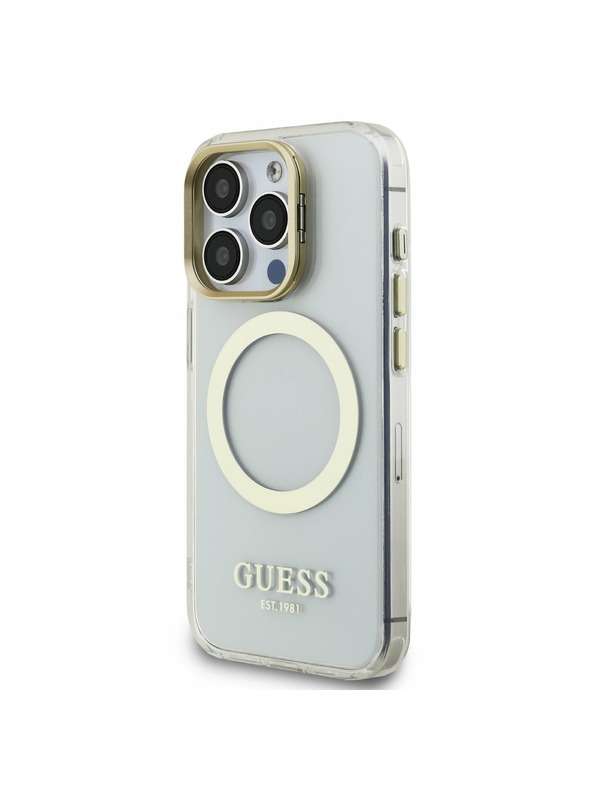 Guess Guess IML Gold Outline Stand Camera Frame MagSafe Hátlap iPhone 15 Pro-hoz Átlátszó