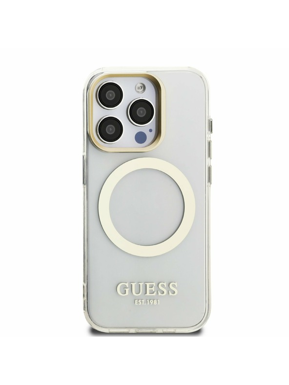 Guess Guess IML Gold Outline Stand Camera Frame MagSafe Hátlap iPhone 15 Pro-hoz Átlátszó