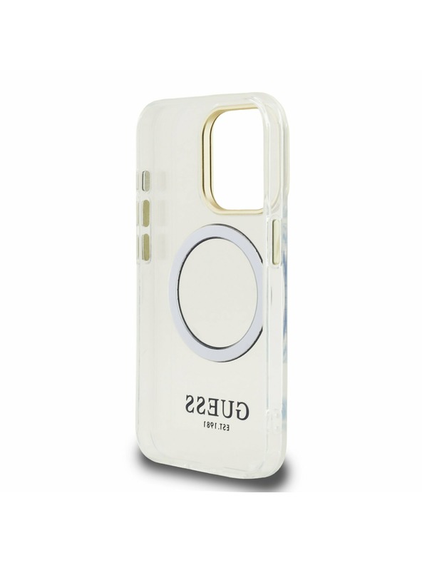 Guess Guess IML Gold Outline Stand Camera Frame MagSafe Hátlap iPhone 15 Pro-hoz Átlátszó