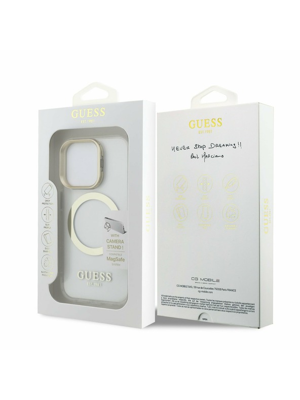 Guess Guess IML Gold Outline Stand Camera Frame MagSafe Hátlap iPhone 15 Pro-hoz Átlátszó