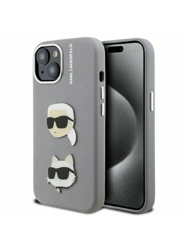 Karl Lagerfeld Karl Lagerfeld Érdes PU K&CH Fejek Hátlap iPhone 15-höz Szürke