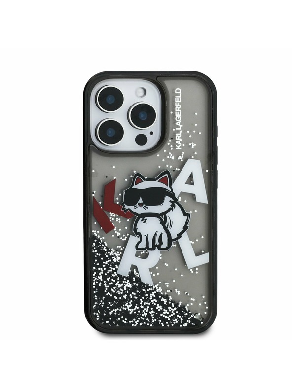 Karl Lagerfeld Karl Lagerfeld Folyékony Csillogó Szétszórt Choupette Hátlap iPhone 16 Pro-hoz Fekete