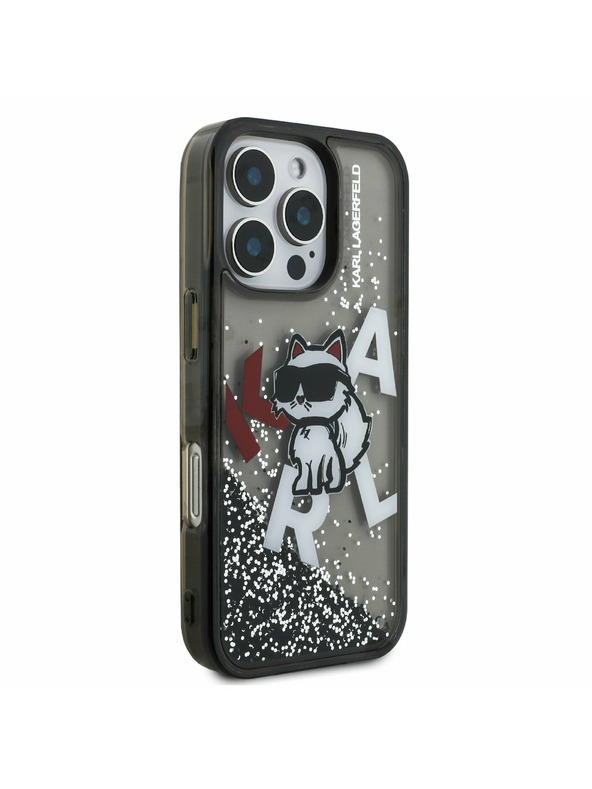 Karl Lagerfeld Karl Lagerfeld Folyékony Csillogó Szétszórt Choupette Hátlap iPhone 16 Pro-hoz Fekete