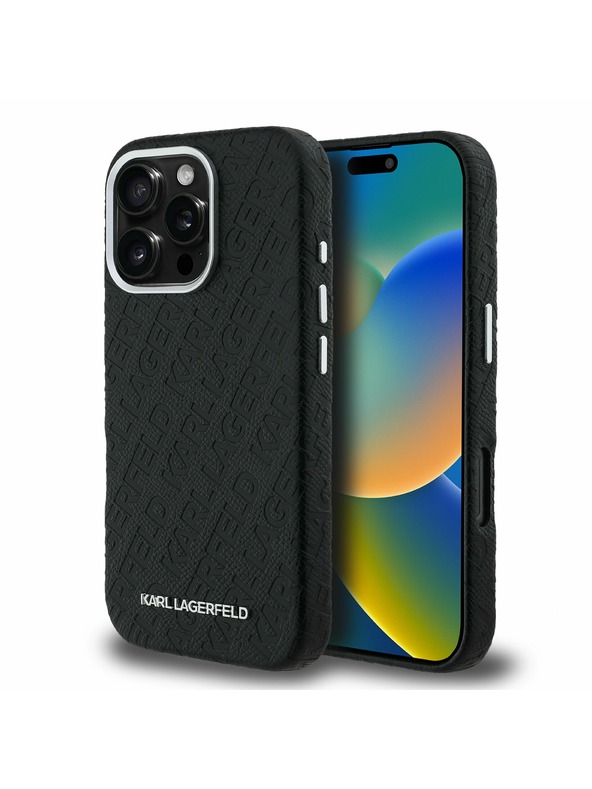 Karl Lagerfeld Karl Lagerfeld Érdes PU Ismétlődő Logó MagSafe Hátlap iPhone 16 Pro-hoz Fekete