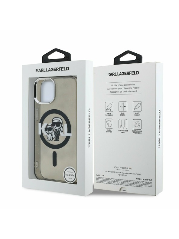 Karl Lagerfeld Karl Lagerfeld IML Csillogó Karl és Choupette Vázlat MagSafe Hátlap iPhone 15-höz Fekete
